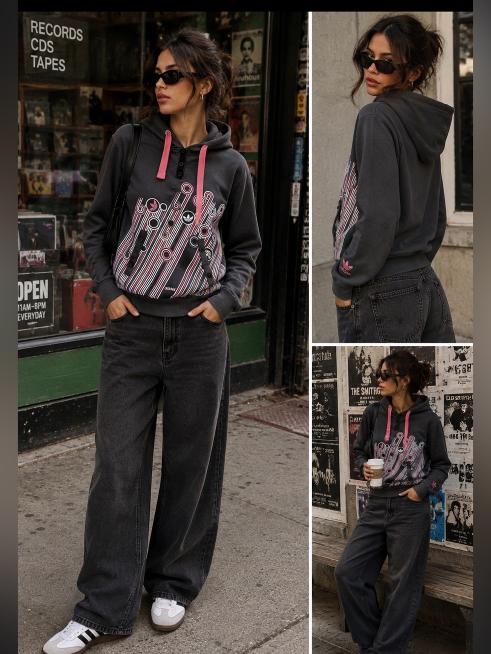 Adidas Originals Graphic Hoodie Y2K Retro Streetwear Pink Olive M